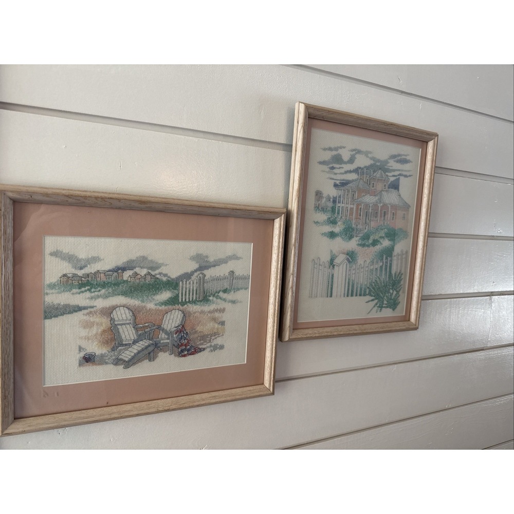 Set Of 2 Vintage Needlepoint Framed Beach Chairs And Beach Houses